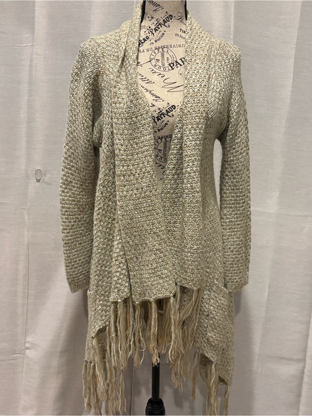Paper Crane Fringe Bohemian Hippie Open Front Cardigan Sz L